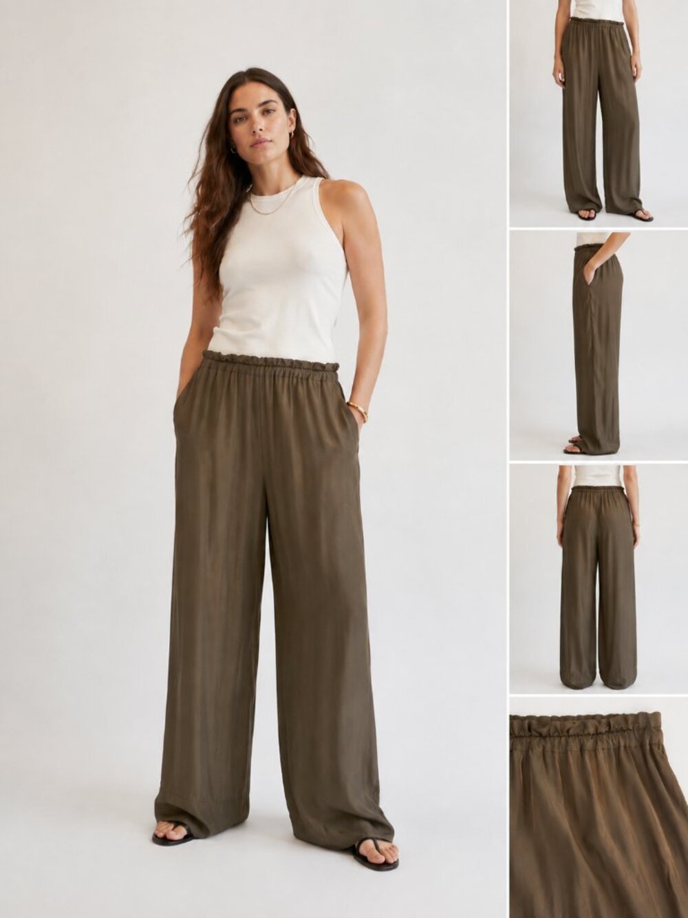 Babaton Wide Leg Satin Pants High Rise Pull On Dark Olive Size XL - Picture 10 of 10